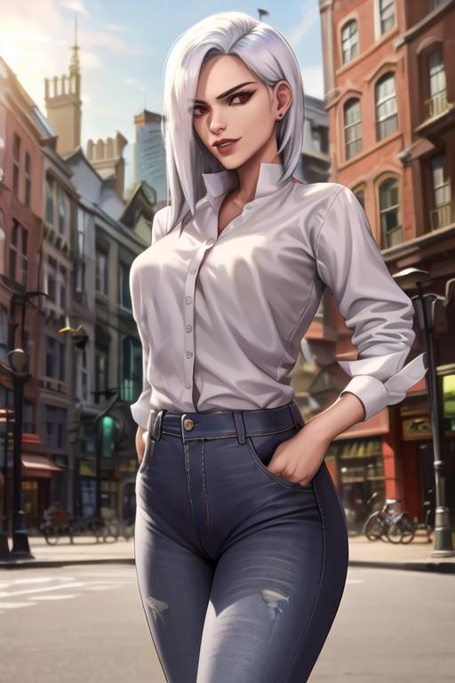 4291412072-1314907453-ashe, casual clothes, shirt, jeans, city street, sunlight, best quality,.png